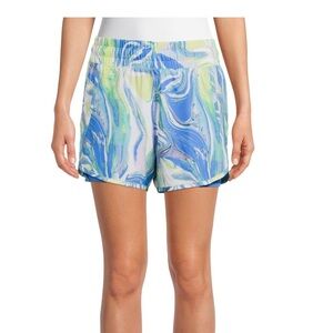Blue and green swirly double lined athletic wear shorts
